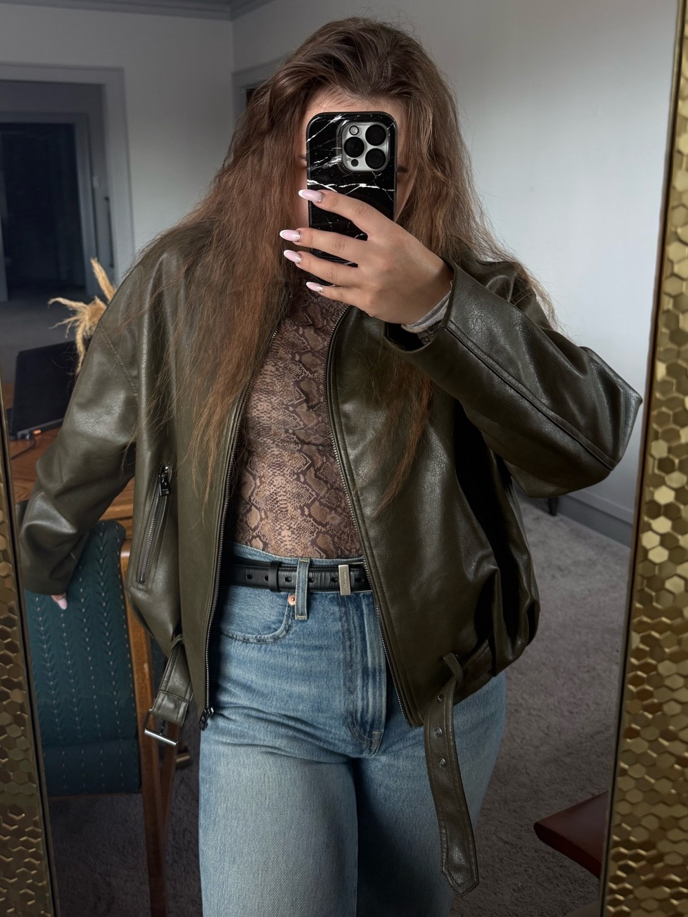 Bershka Olive Green Faux Leather Biker Jacket